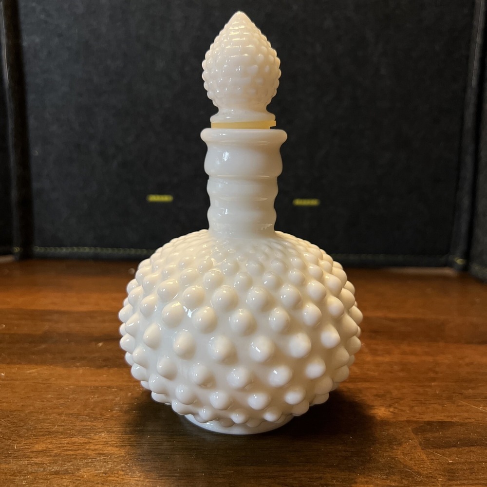 Vintage White Milk Glass Hobnail Cologne Perfume Decanter Bottle with Stopper